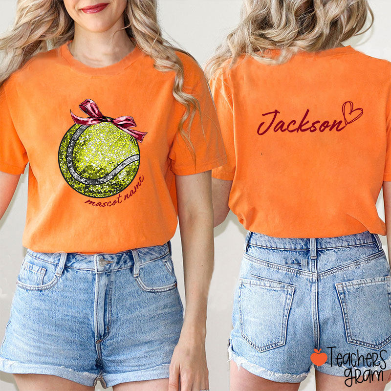 Personalized Mascot And Sport Faux Glitter Coquette Bow Teacher Two Sided T-Shirt