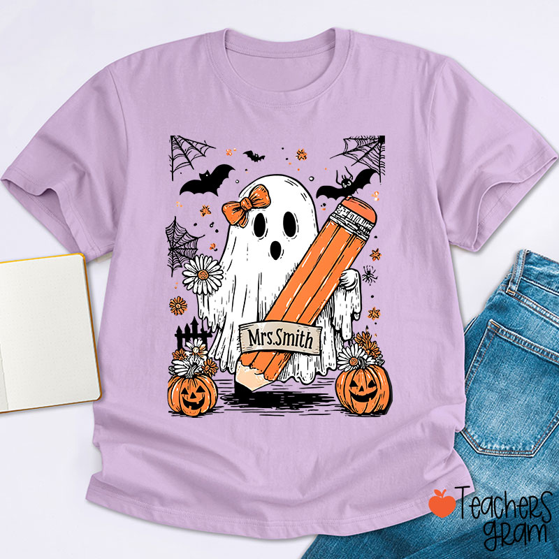 Personalized Name Cute Ghost Floral Halloween Teacher T-Shirt