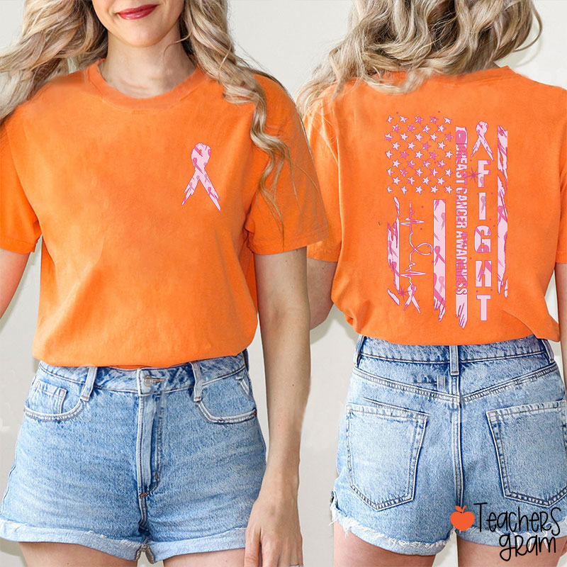 Pink Ribbon Fight Breast Cancer Awareness Teacher Two Sided T-Shirt