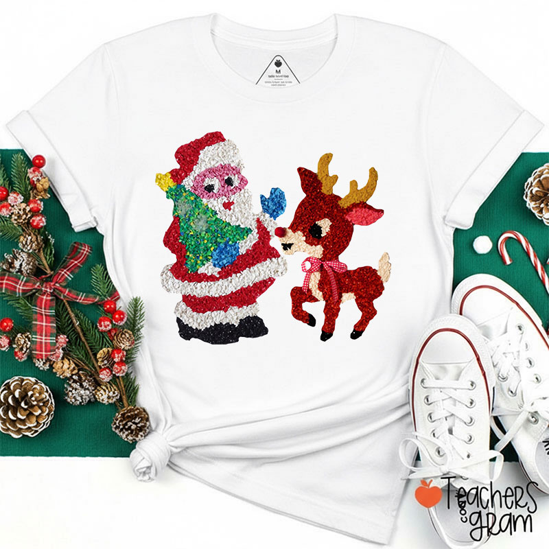Santa And Rudolph Faux Melted Plastic Teacher T-Shirt