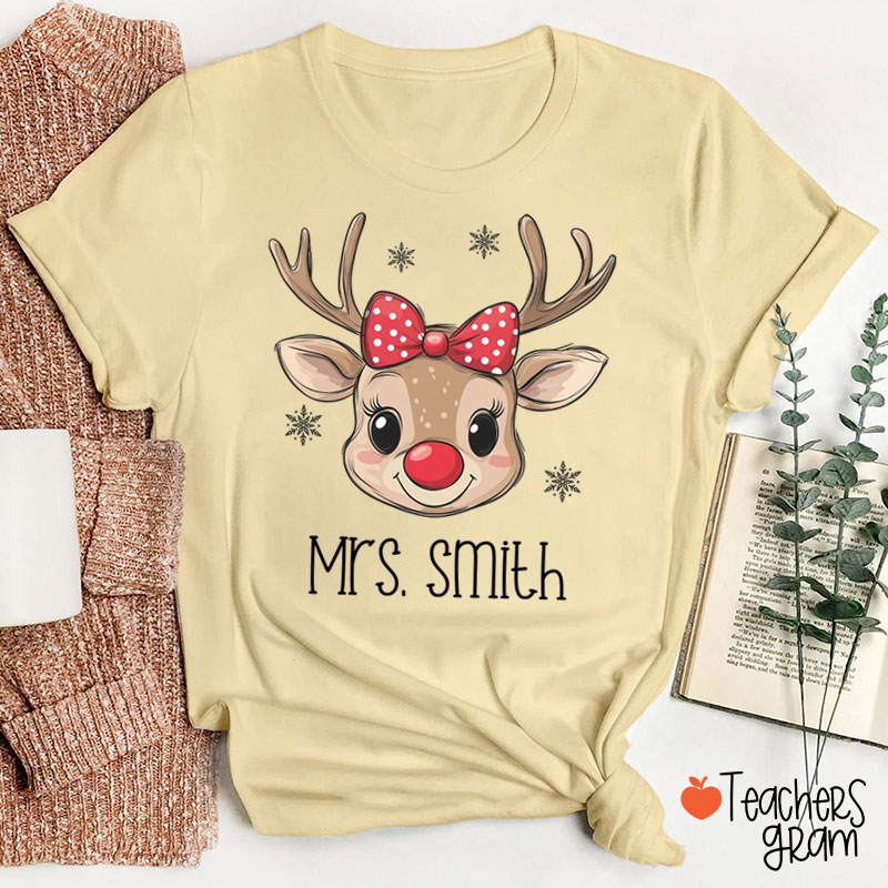 Personalized Name Cute Bow Reindeer Teacher T-Shirt