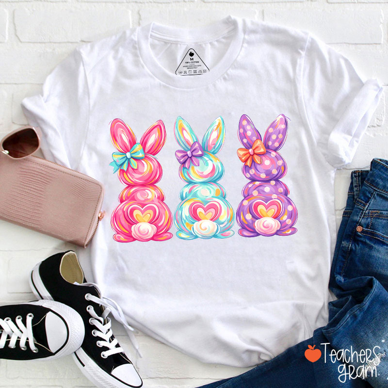 Bright Color Bunnies Easter Vibe Teacher T-Shirt