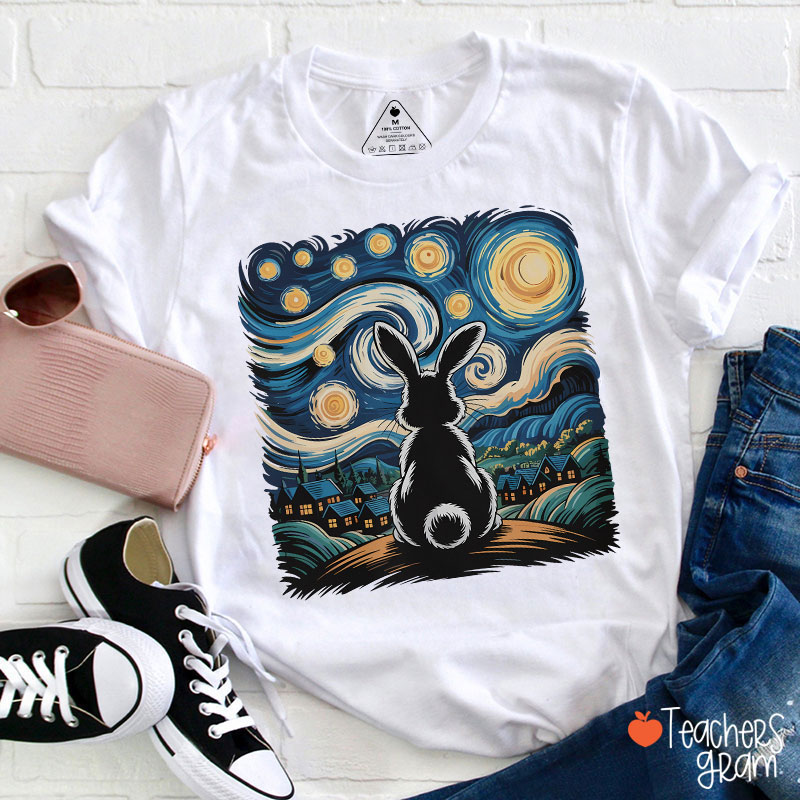 Starry Night Van Gogh Rabbit Teacher T-Shirt