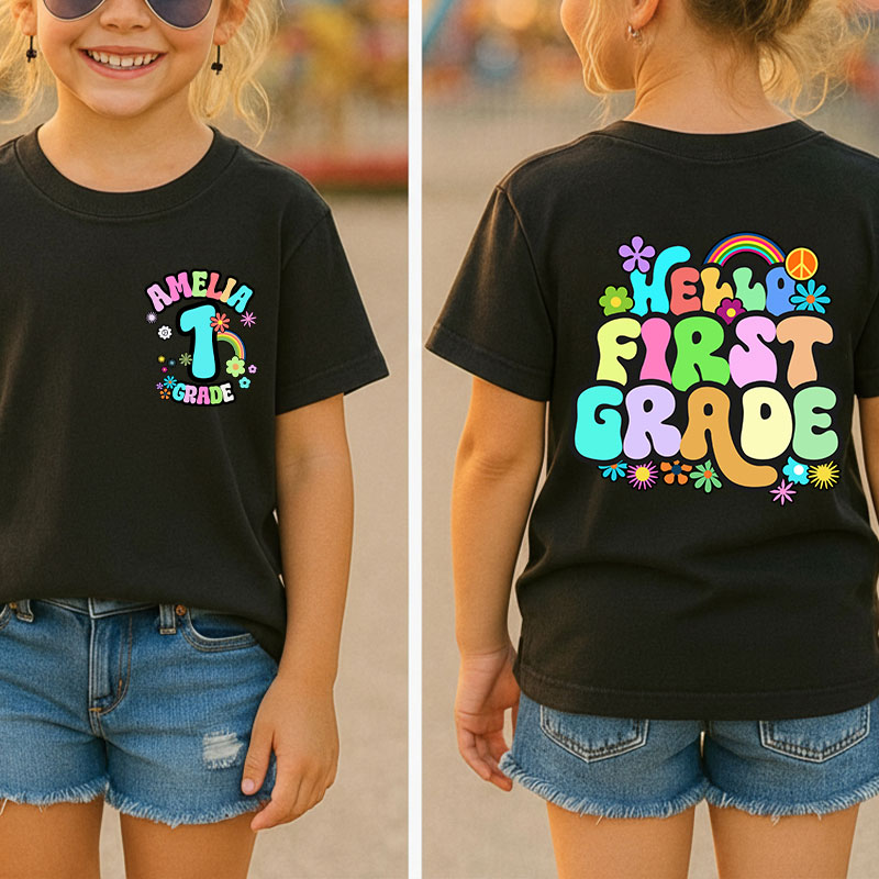 Personalized Name And Grade Rainbow Flowers Class Two Sided T-Shirt