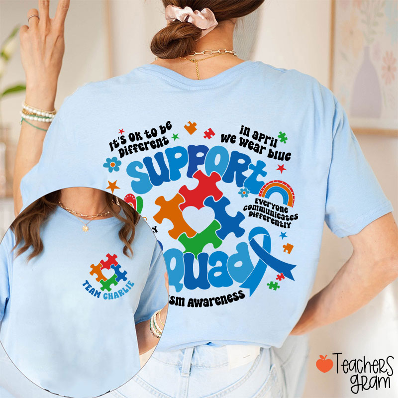 Personalized Name Autism Awareness Support Squad Teacher Two Sided T-Shirt
