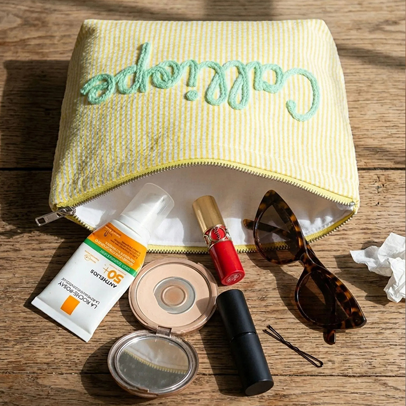 Personalized Vacation Travel Seersucker Makeup Bag
