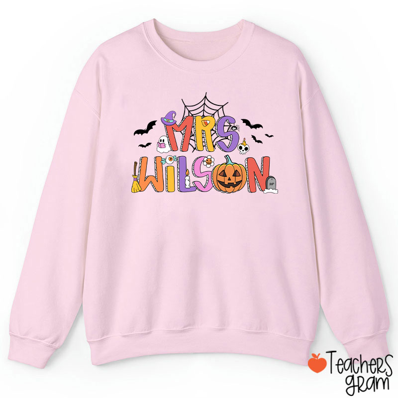Personalized Name Spider Web Ghost Pumpkin Teacher Sweatshirt