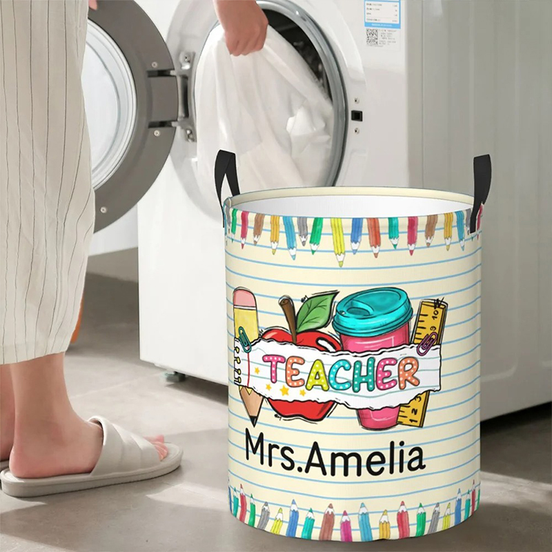 Personalized Name Letter Pencil Apple Theme Waterproof Laundry Storage Basket