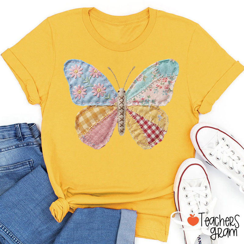 Faux Patchwork Butterfly Teacher T-Shirt