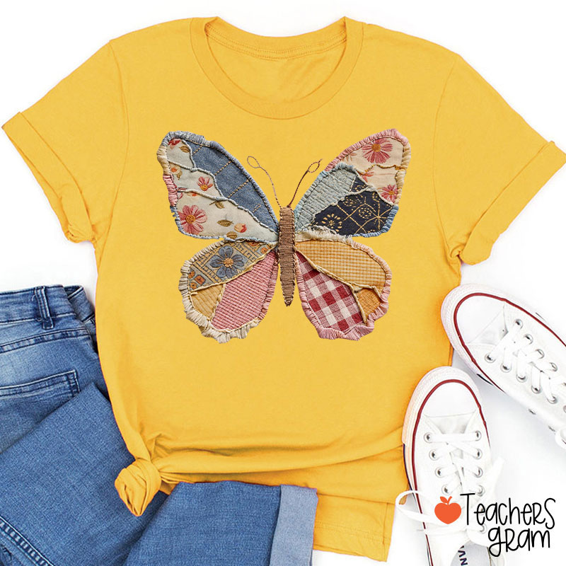 Faux Patchwork Butterfly Teacher T-Shirt