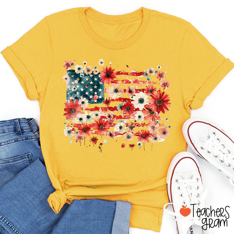 American Flag Floral Teacher T-Shirt