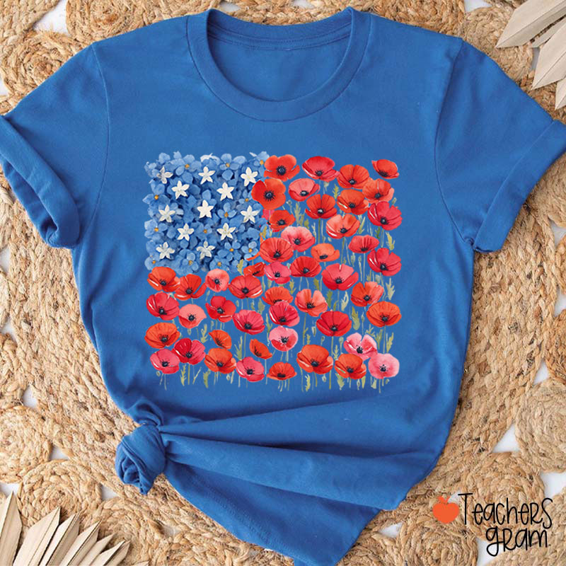 Floral USA Flag 250th Anniversary Teacher T-Shirt