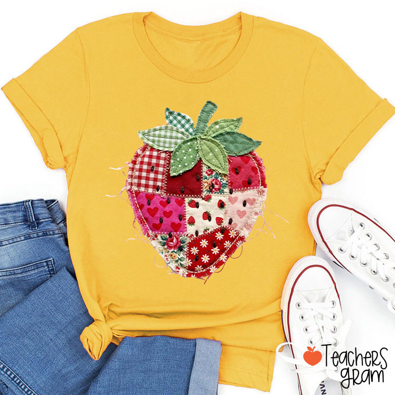 Faux Patchwork Strawberry Teacher T-Shirt
