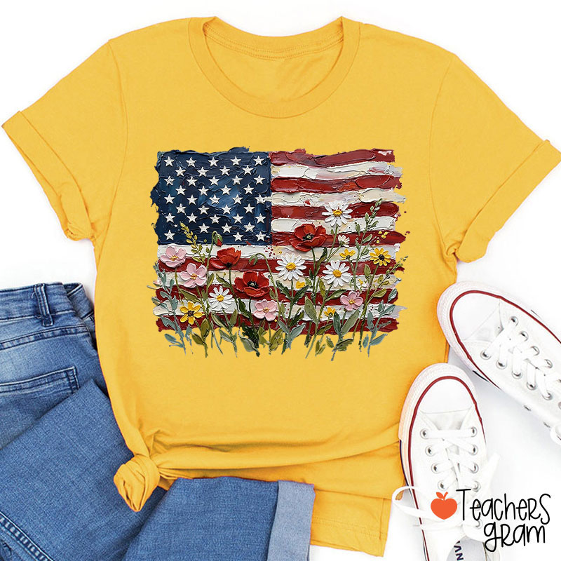 American Flag Floral Teacher T-Shirt