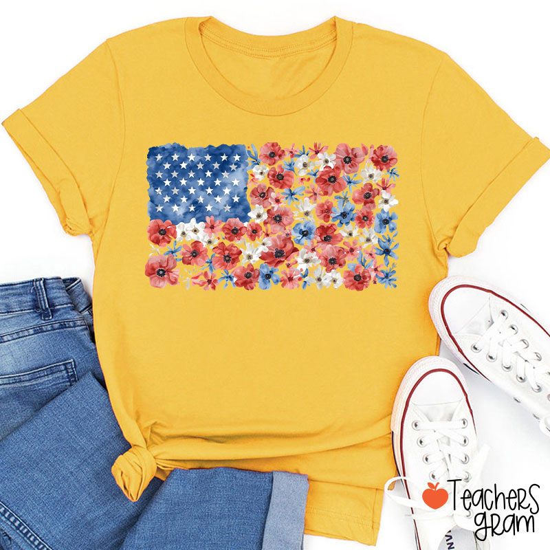Vintage Floral USA Flag Teacher T-Shirt