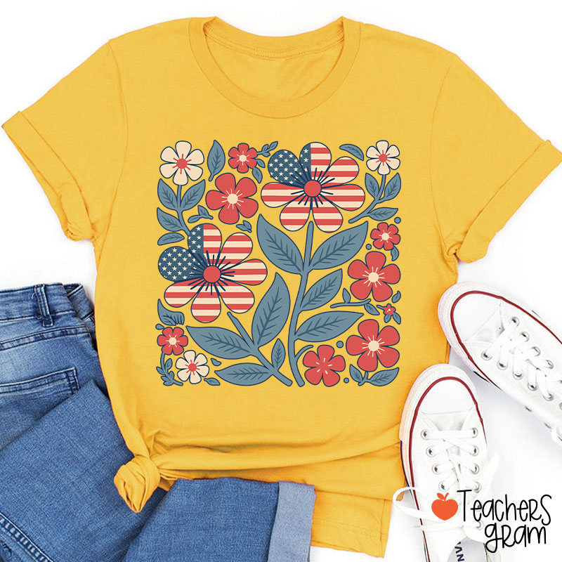 Boho Patriotic Daisy Teacher T-Shirt