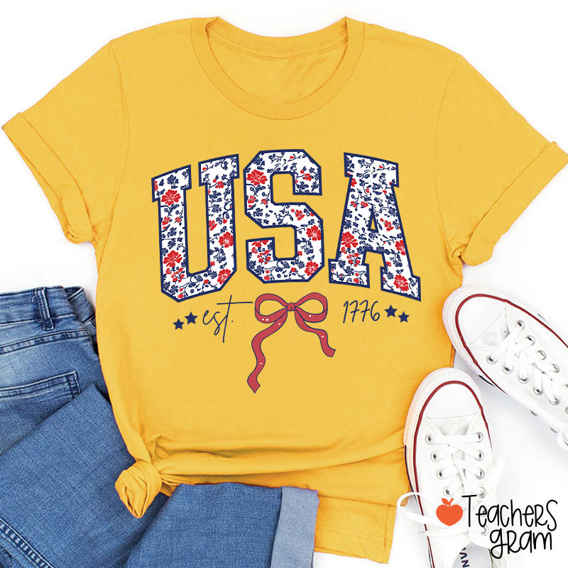 Floral USA Coquette Patriotic Teacher T-Shirt