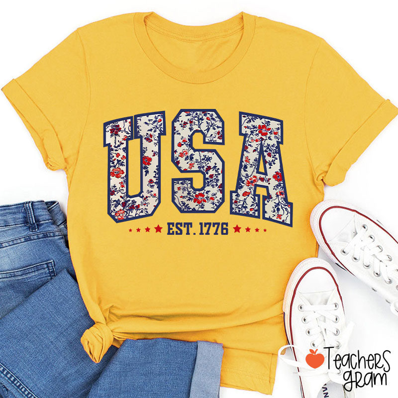 Retro Floral USA Teacher T-Shirt