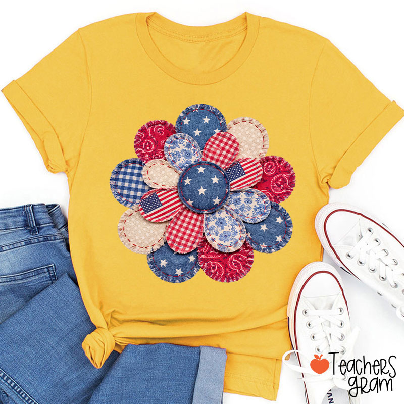 Faux Patchwork American Flag Flower Teacher T-Shirt