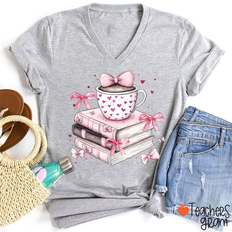 Coffee Books Valentines Day Teacher Female V-Neck T-Shirt