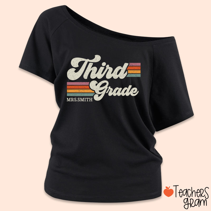 Personalized Grade And Name Retro Horizontal Stripes Teacher Off Shoulder Shirt