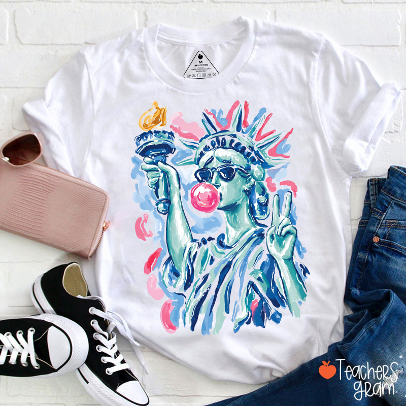 Preppy Statue Of Liberty Blowing Bubble Teacher T-Shirt