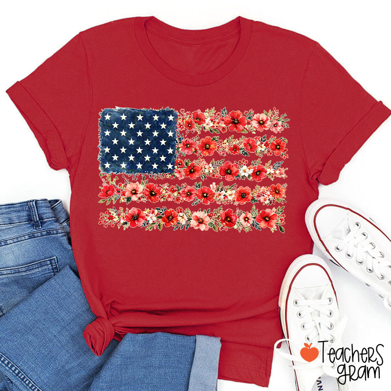 American Flag Wild Flower Teacher T-Shirt