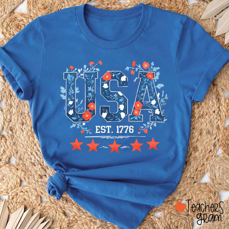 Floral USA Est 1776 Teacher T-Shirt