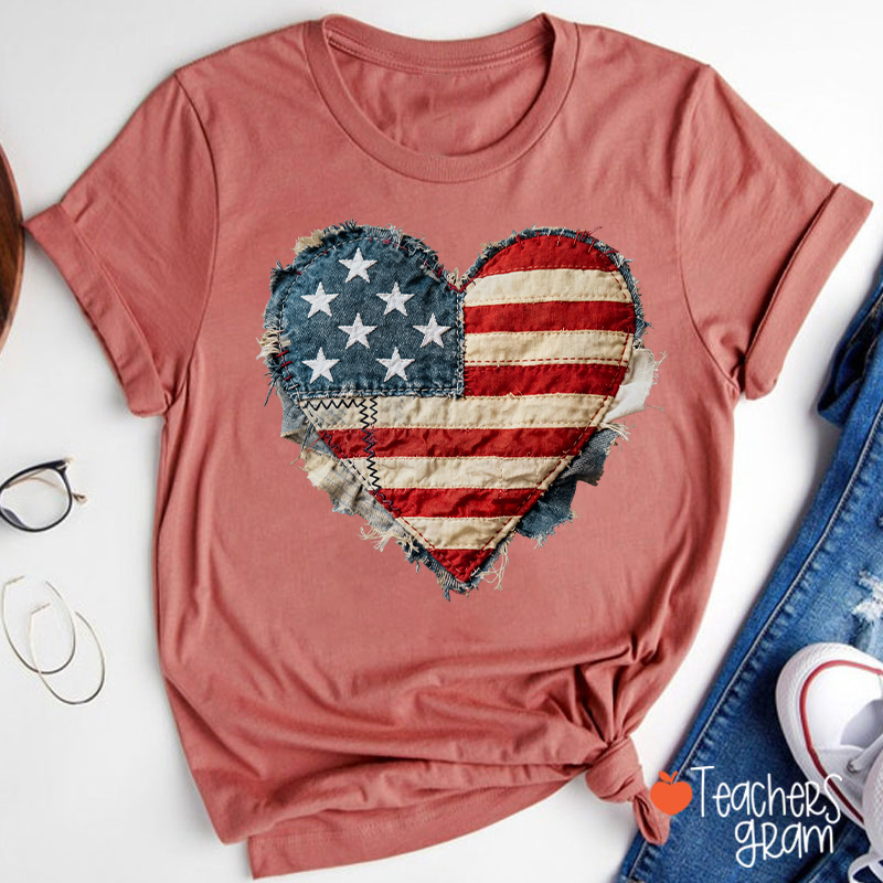 Faux Patchwork American Flag Heart Teacher T-Shirt