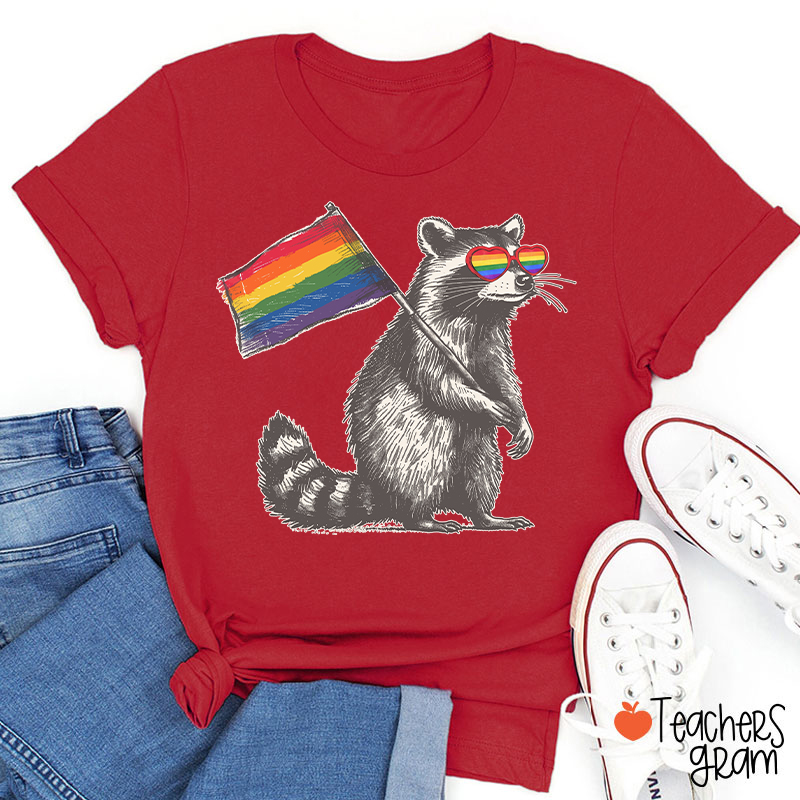 Funny Raccoon Rainbow Flag Pride Teacher T-Shirt
