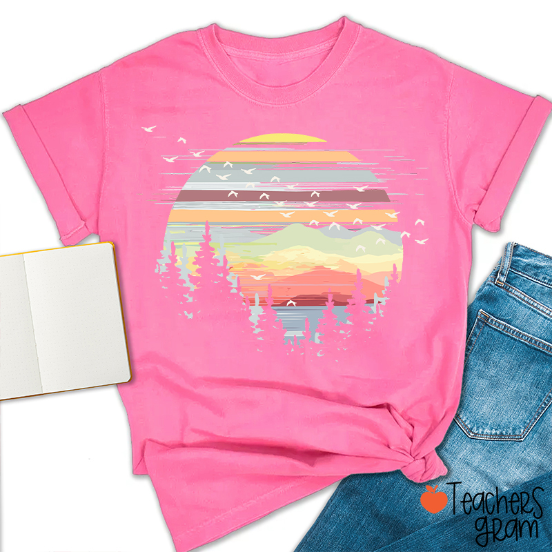 Retro Mountain Sunset Forest And Birds Teacher T-Shirt