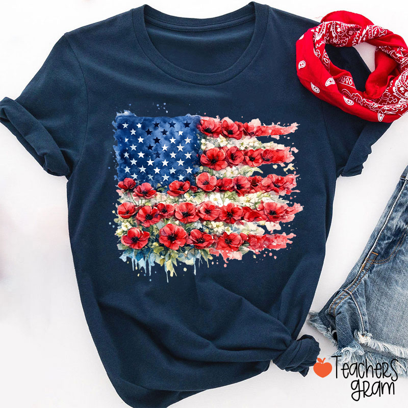 4th Of July Floral American Flag Teacher T-Shirt