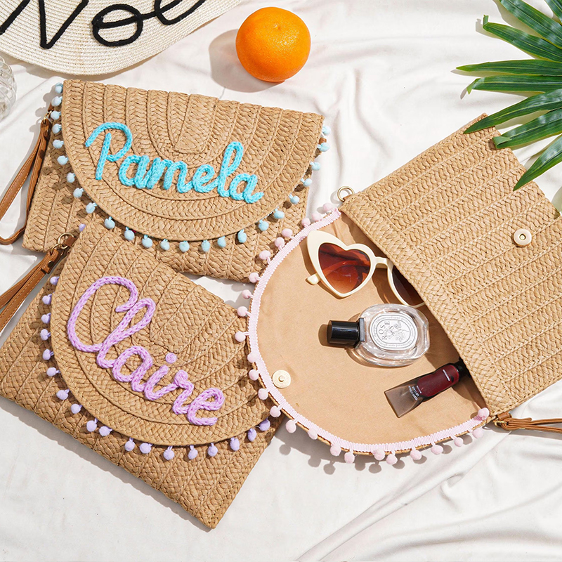 Personalized Embroidered Name Summer Vacation Straw Shoulder Bag