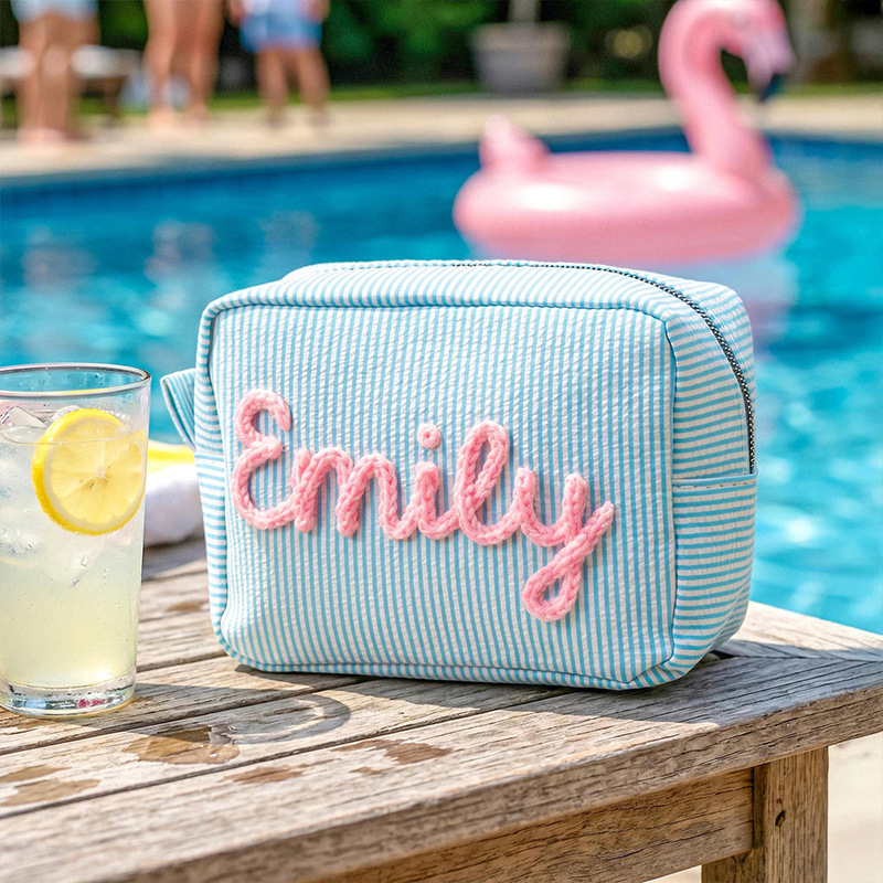 Personalized Embroidered Name Seersucker Teacher Makeup Bag