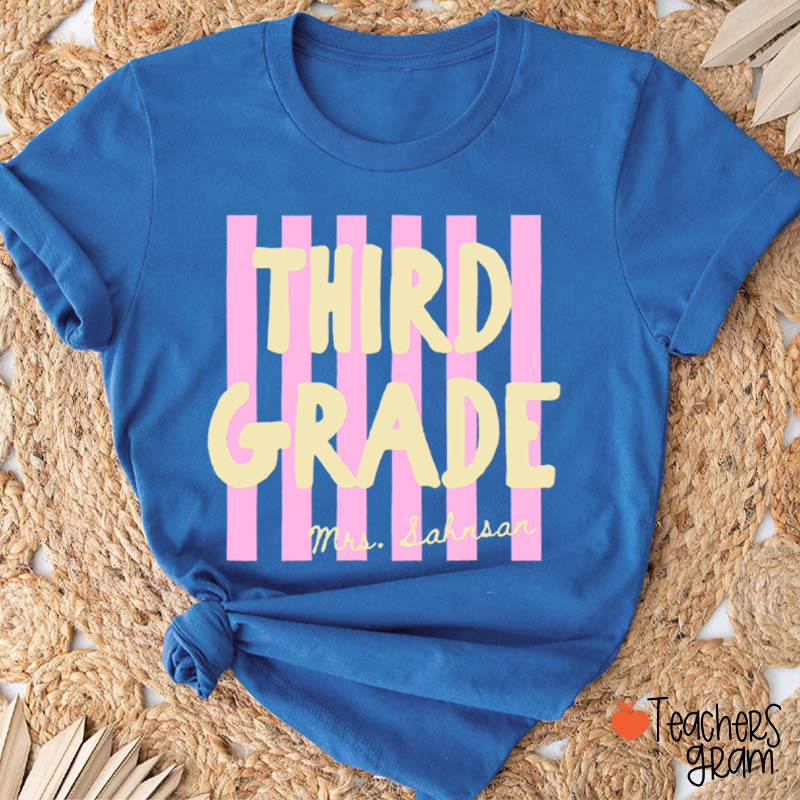 Personalized Grade And Name Pink Stripes Teacher T-Shirt