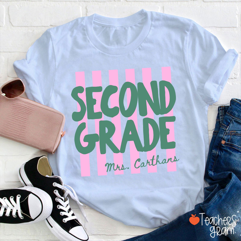 Personalized Grade And Name Pink Stripes Teacher T-Shirt