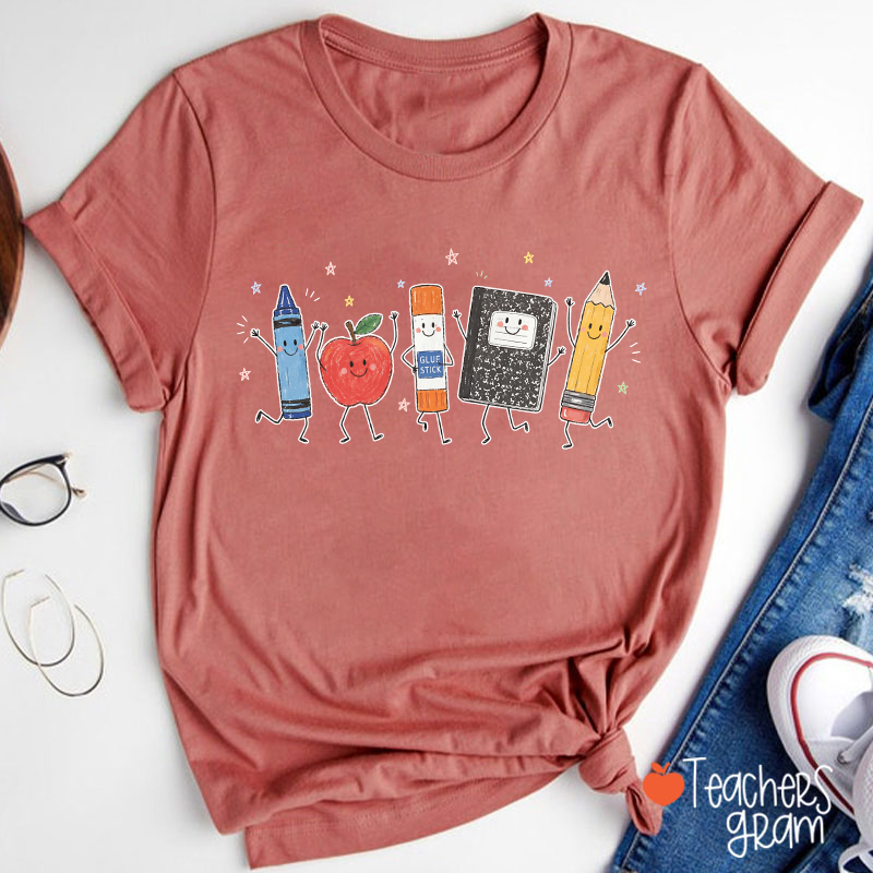 Cute Anthropomorphic School Supplies Teacher T-Shirt