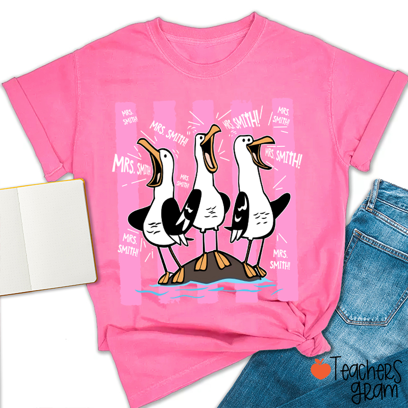 Personalized Pink Stripes Seagull Meme Teacher T-Shirt