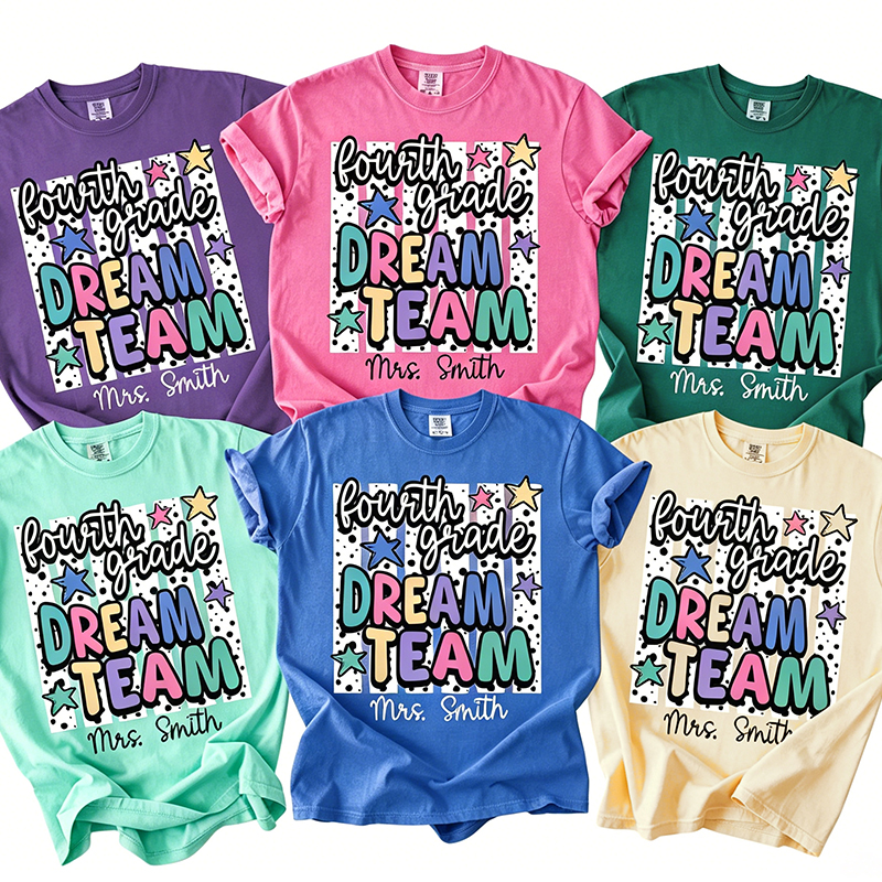 Personalized Grade Dream Team Polka Dot Stripe Star Name Teacher T-Shirt