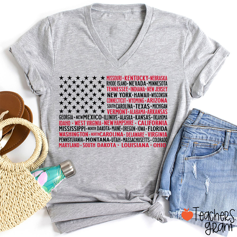 Vintage American Flag 4th Of July Teacher Female V-Neck T-Shirt