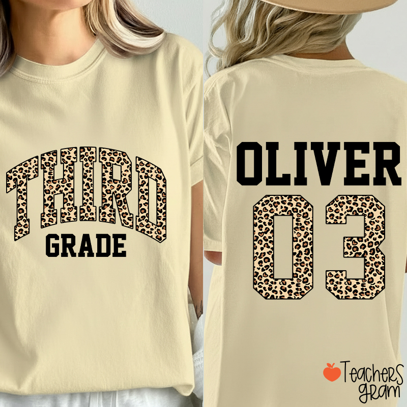 Personalized Grade Name Leopard Print Number Teacher Two Sided T-Shirt