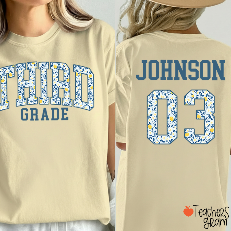 Personalized Grade And Name Floral Letter Teacher Two Sided T-Shirt