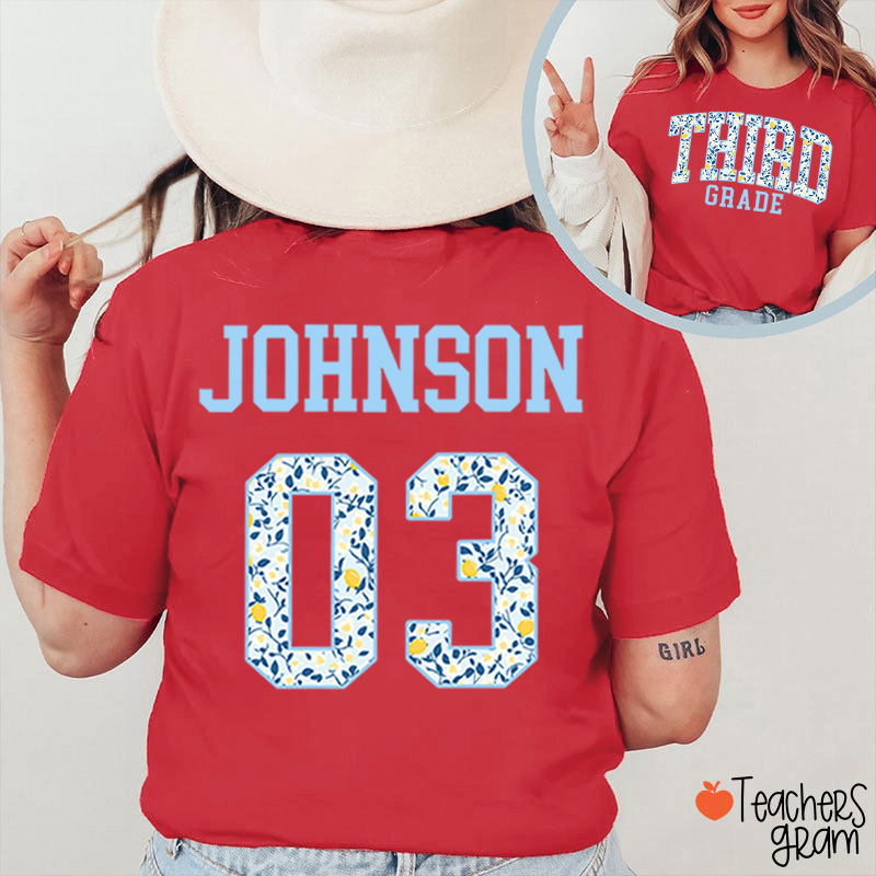 Personalized Grade And Name Floral Letter Teacher Two Sided T-Shirt