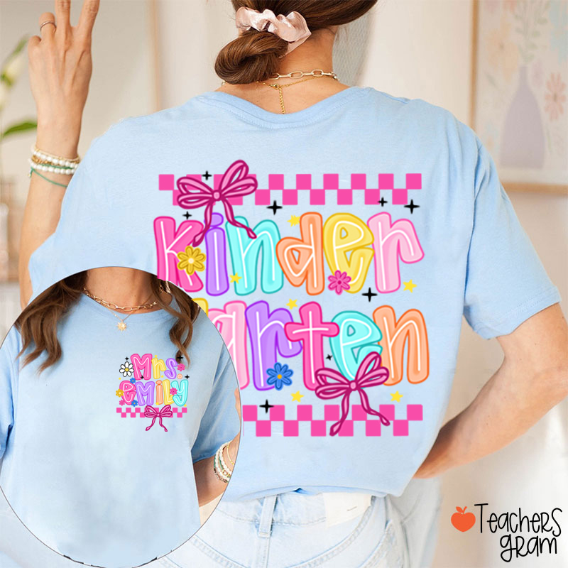 Personalized Grade And Name Checkered Bow Teacher Two Sided T-Shirt