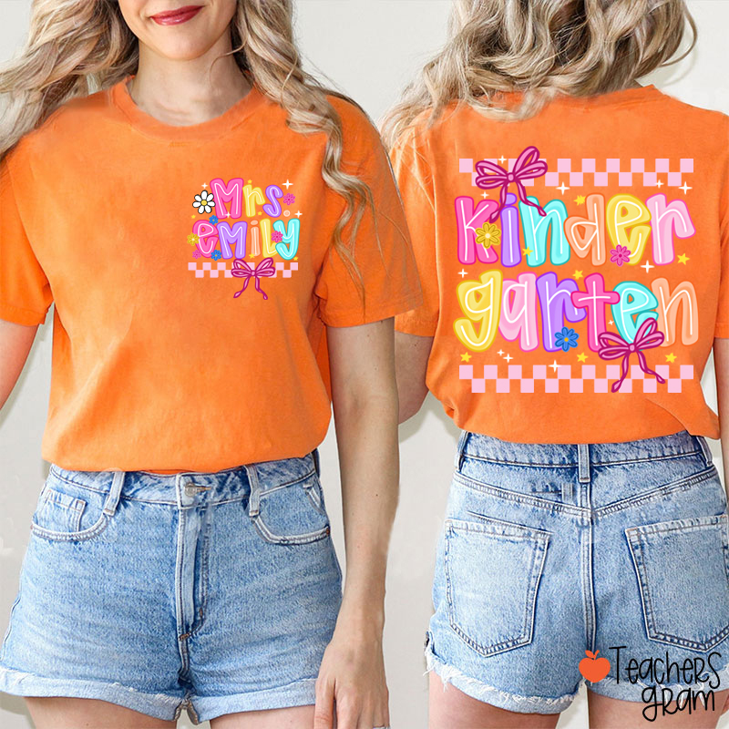 Personalized Grade And Name Checkered Bow Teacher Two Sided T-Shirt