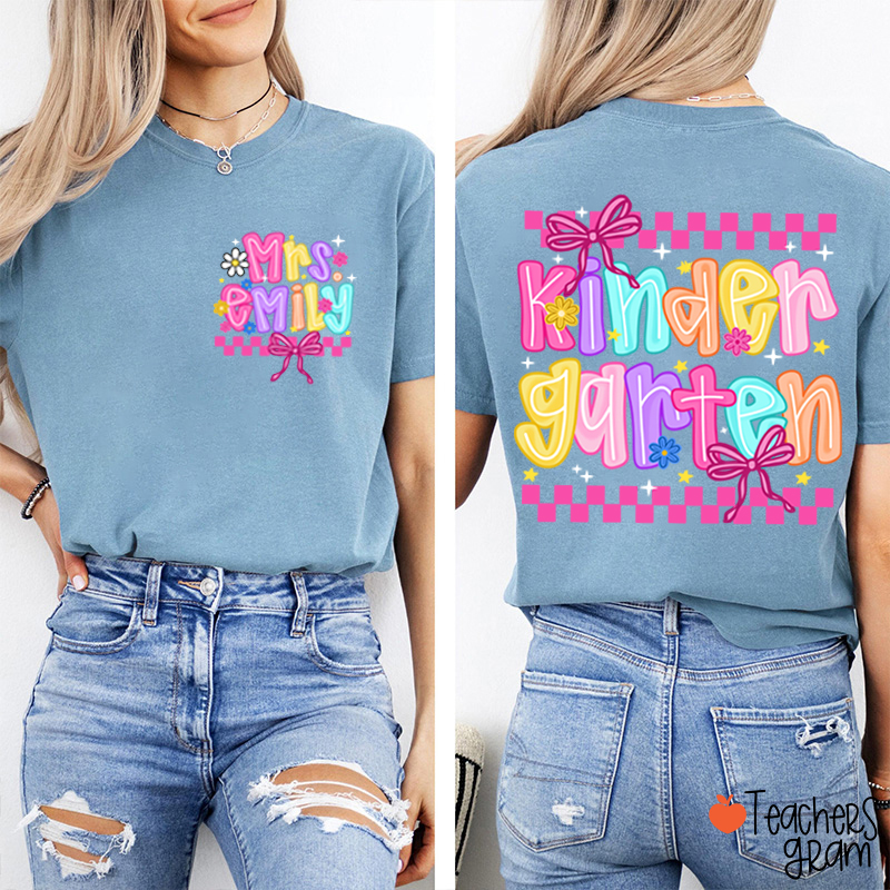 Personalized Grade And Name Checkered Bow Teacher Two Sided T-Shirt