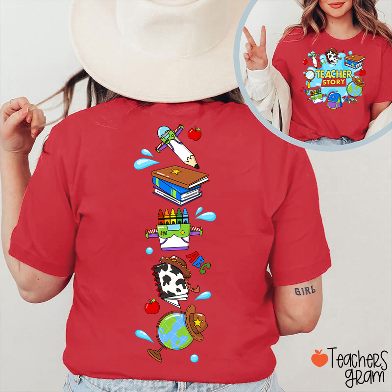 Teacher Story Cute School Stuff Icons Teacher Two Sided T-Shirt