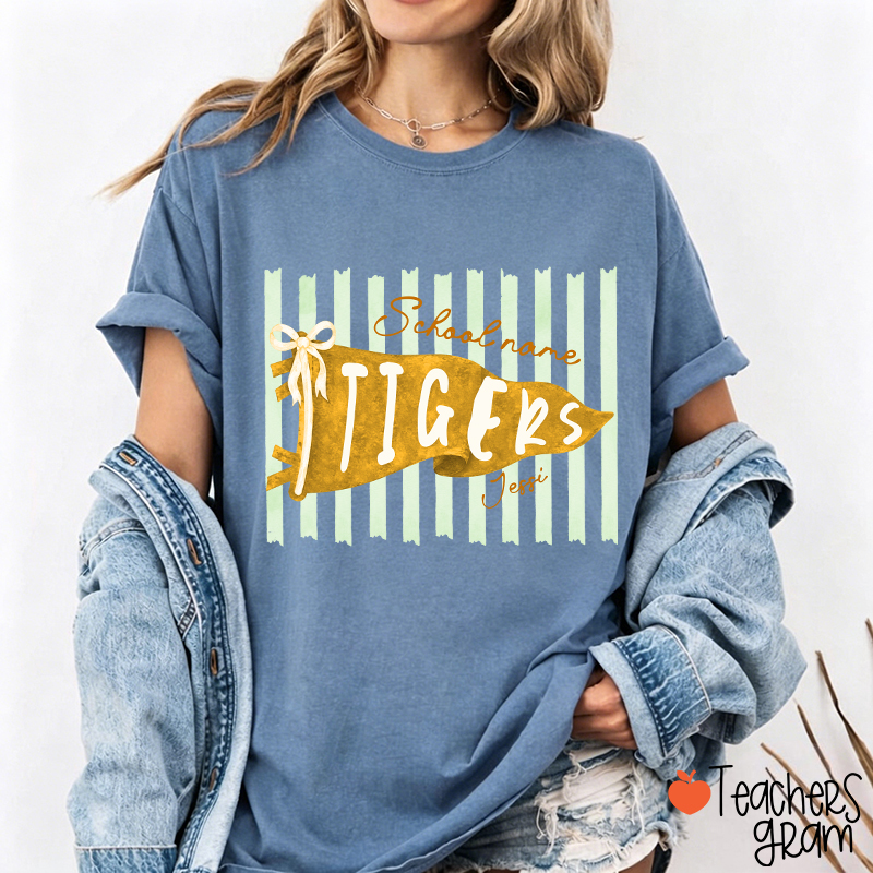 Personalized Mascot School Spirit Stripes Pennant Teacher T-Shirt