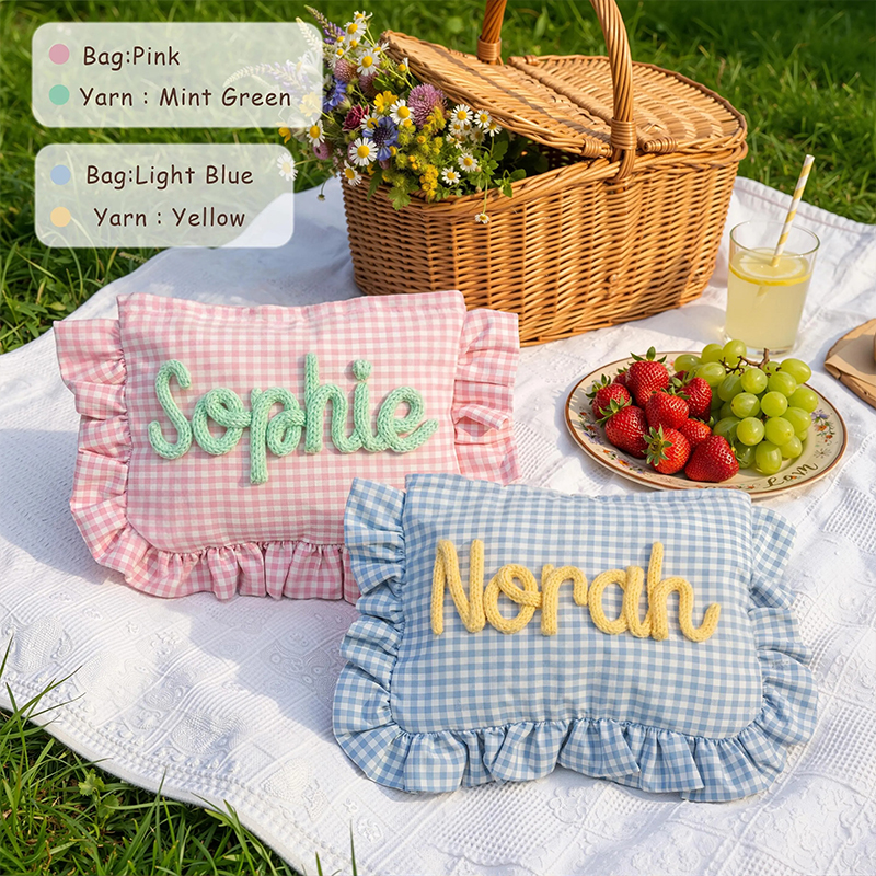 Personalized Name Ruffle Gingham Chenille Teacher Makeup Bag