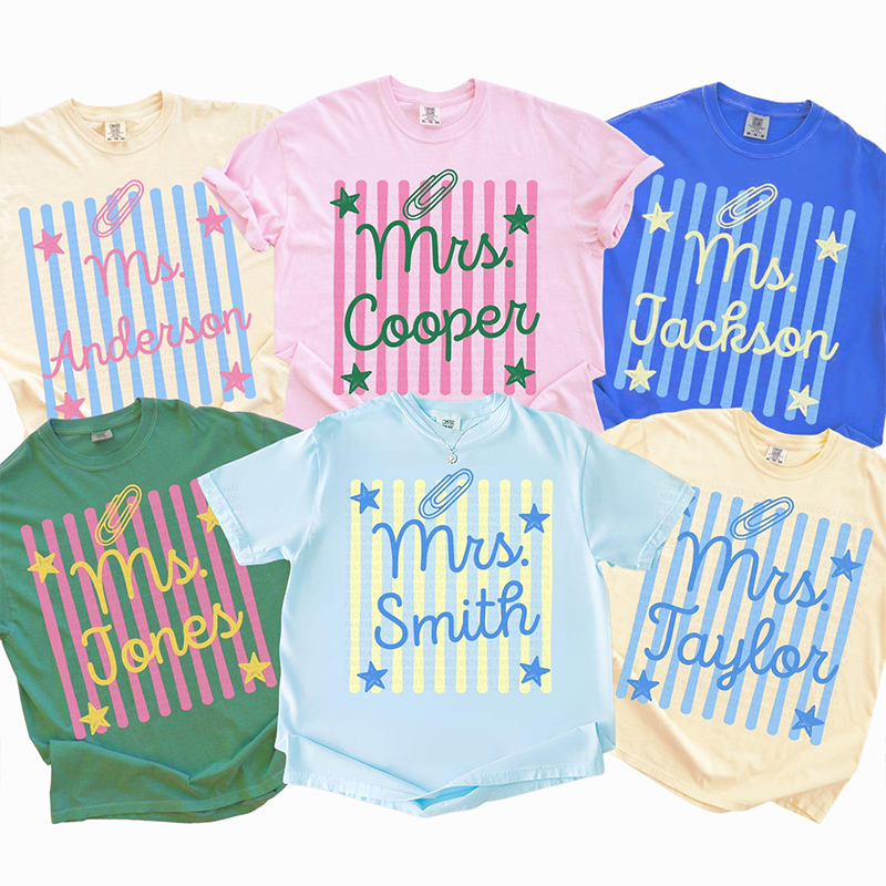 Personalized Name Stripes Star Paperclip Teacher T-Shirt